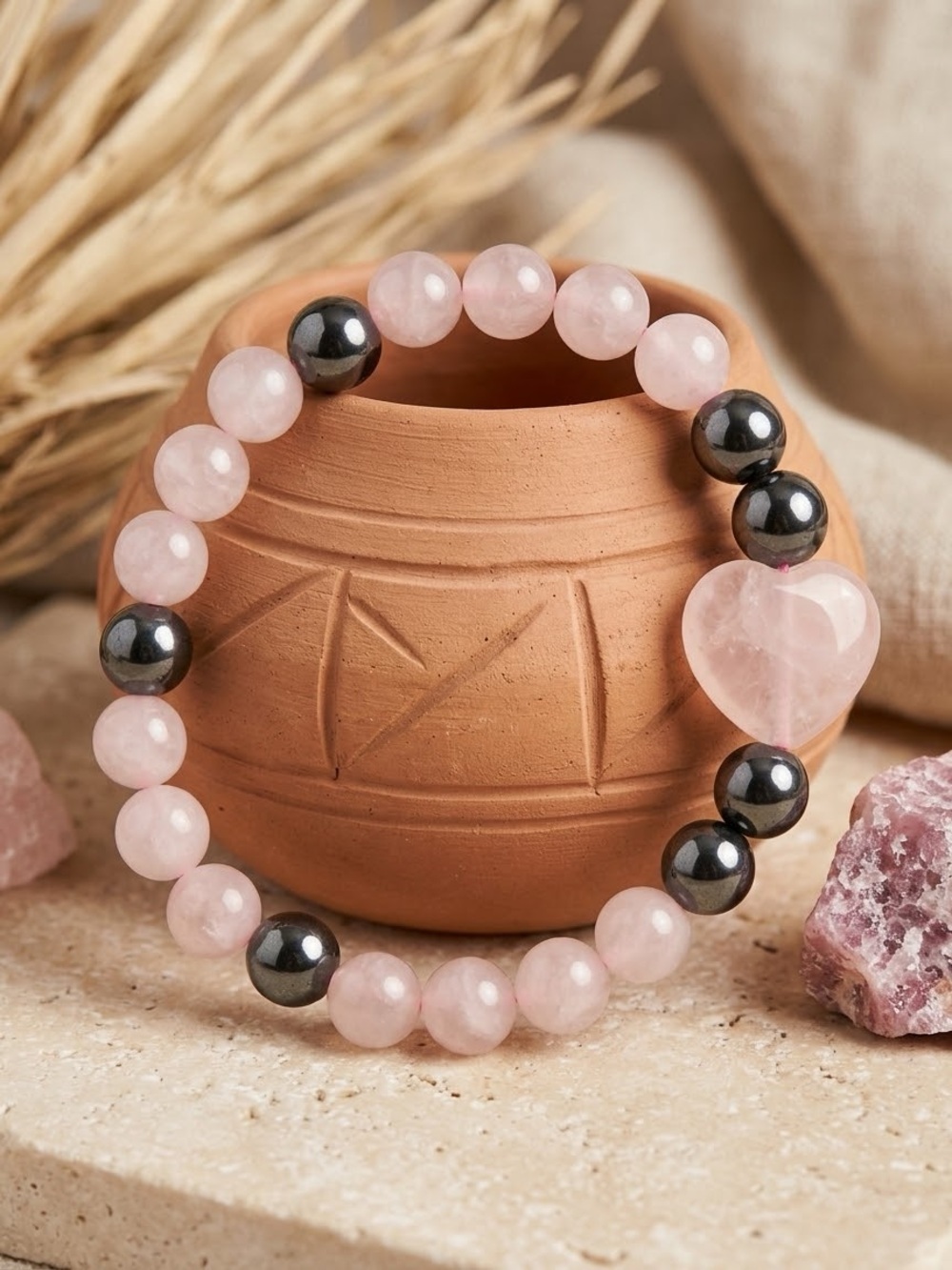 Hand Crafted Rose Quartz & Hematite Heart Stretch Bracelet, Pink, 6 1/4-6 1/2”